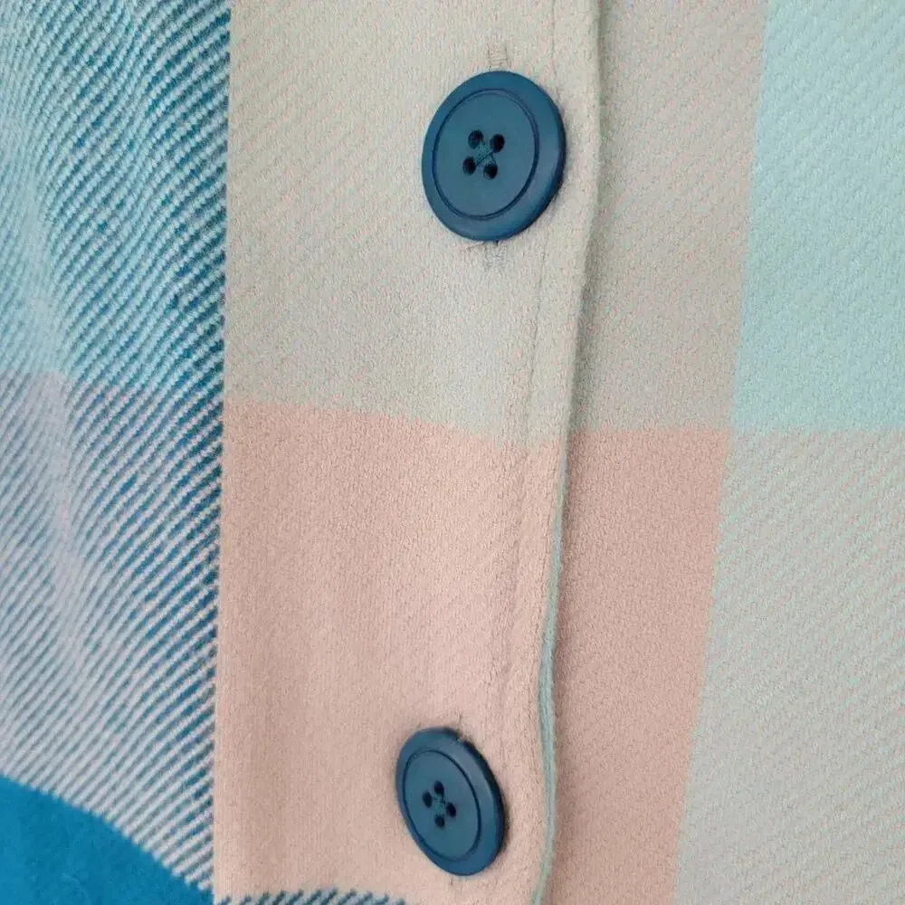Cabelas Plaid Flannel Shacket Turquoise Gray Women Size L Button Down Cotton